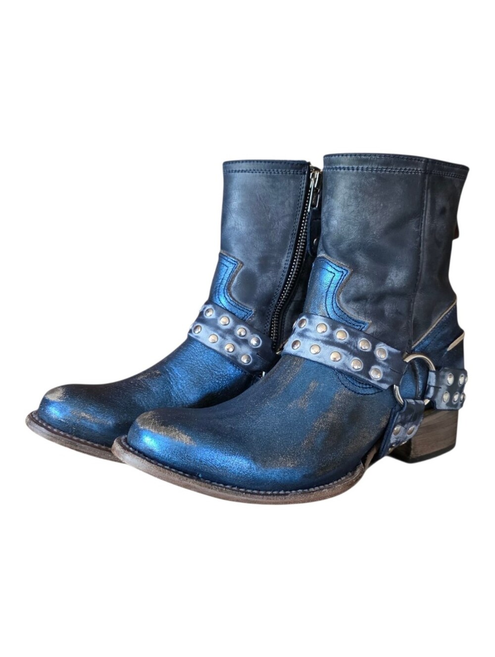 Freebird By Steven Metallic Blue Leather Harness Ramone Boots - Picture 3 of 11